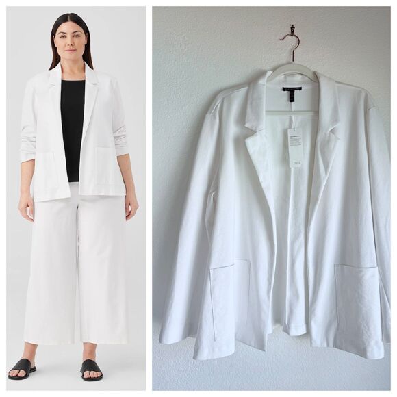 NWT Eileen Fisher Cotton Ponte Open Front Patch Pocket Blazer in White Size XL - Picture 1 of 16